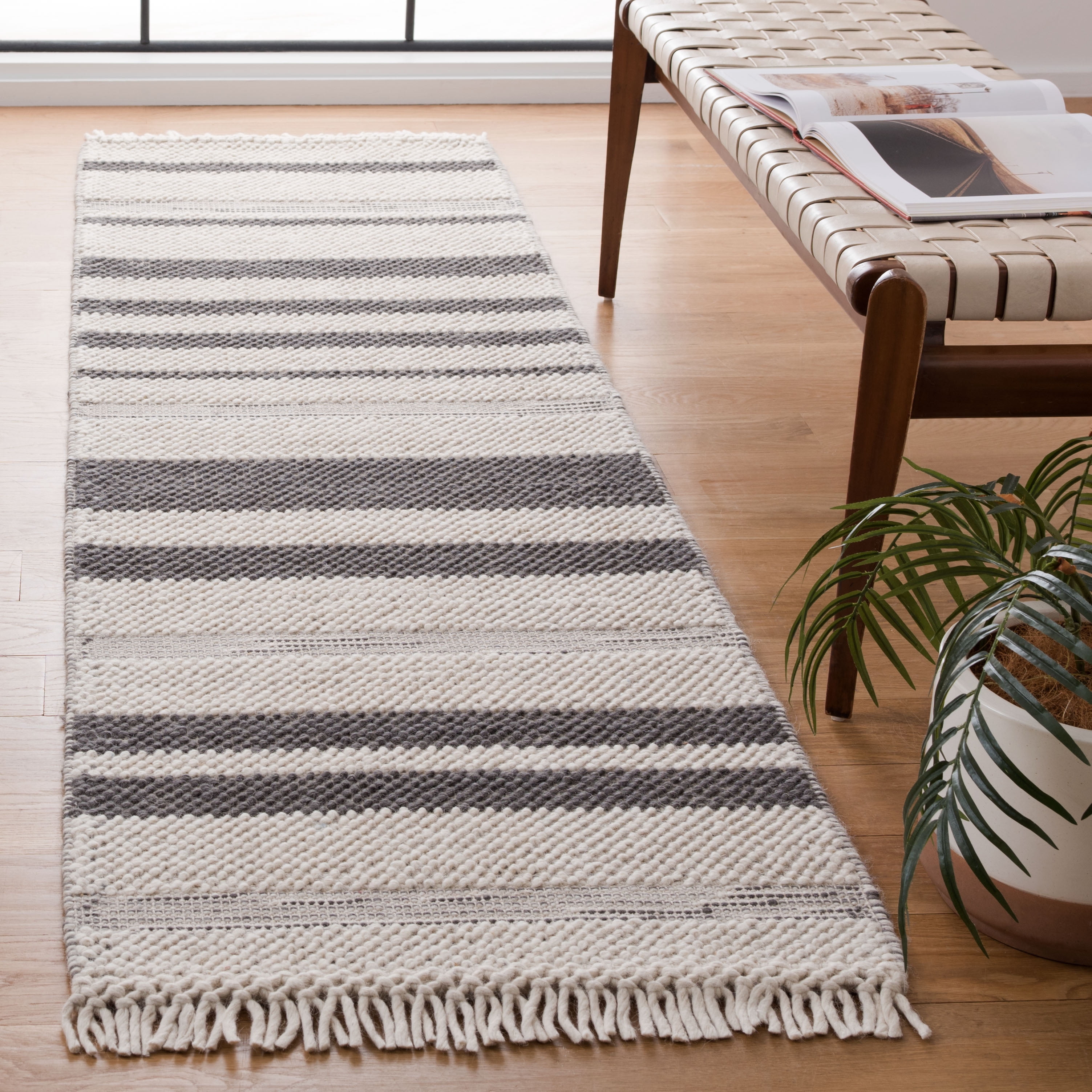 SAFAVIEH Natura Qendro Striped Runner Rug, Ivory/Dark Grey, 2'3" x 8'