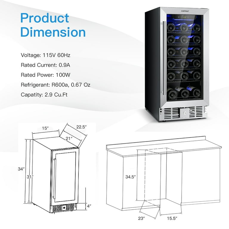 ●Nuwine Costway 15'' Glass Door Wine & Beverage Cooler Refrigerator