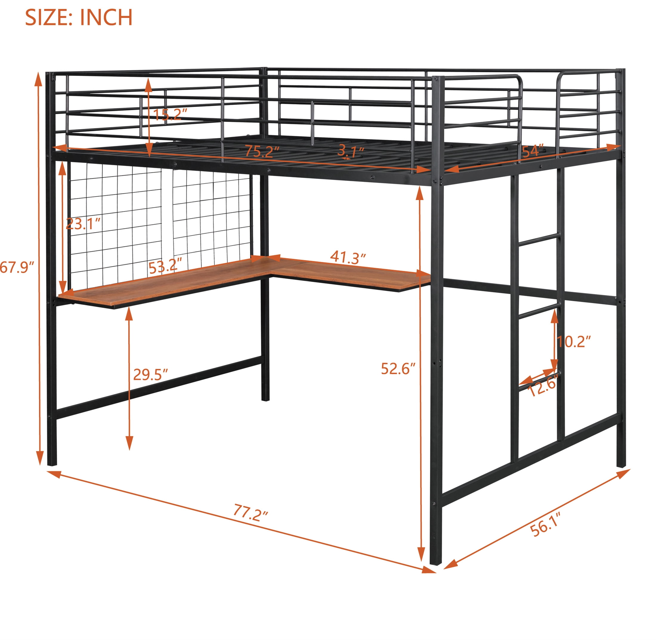 Aukfa Full Size Loft Bed with L shape Desk, Heavy Duty Metal Bed Frame for Teens Adults, Black