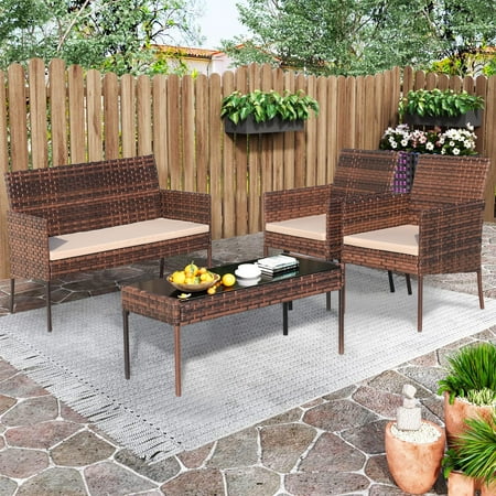 Patio Furniture Set on Sale 4 Pieces Outdoor Rattan Conversation Sofa Set All-Weather Wicker Patio Sets Cushioned Sofa and Coffee Table for Garden Deck Courtyard Brown
