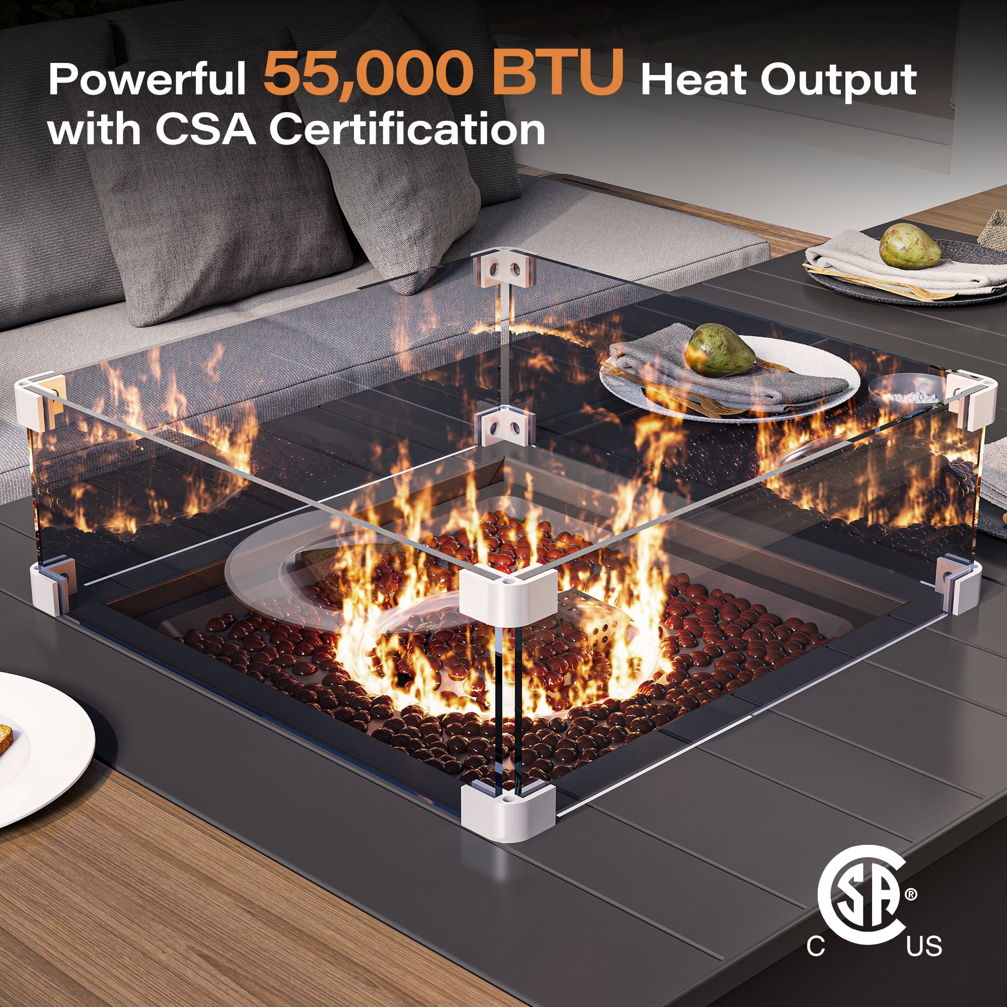 KAMEROUT 64" Outdoor Fire Pit Table , 50,000 BTU Patio Propane Fire Pit with Foldable Tabletop & Wind Guard, Black