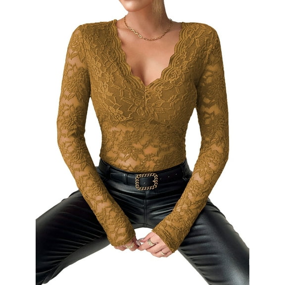Women Long Sleeve Tops Shirts Dressy Hollow Out Crochet Lace Embroidered Blouses 2025 Fashion Yellow XL