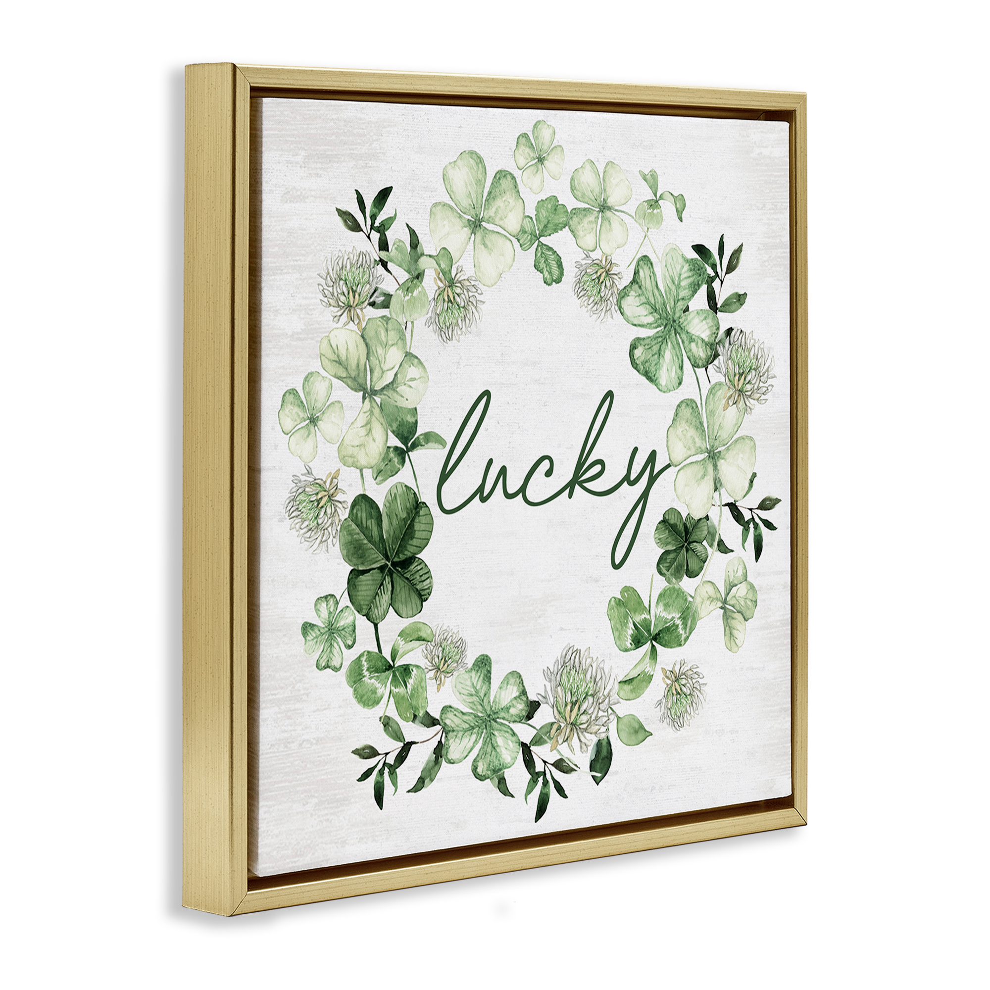 Stupell Industries Lucky Clover Wreath Botanical & Floral Painting Gold Floater Framed Canvas Art Print Wall Art, 18 x 18