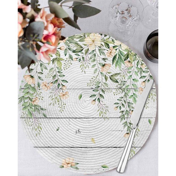 13 Inch Round Placemats Set of 6, Watercolor Floral Non Slip Heat Insulation PP Table Mats, Spring Flowers Leaves Botanical Wood Grain Washable Place Mats for Kitchen Dining Party Table Decor