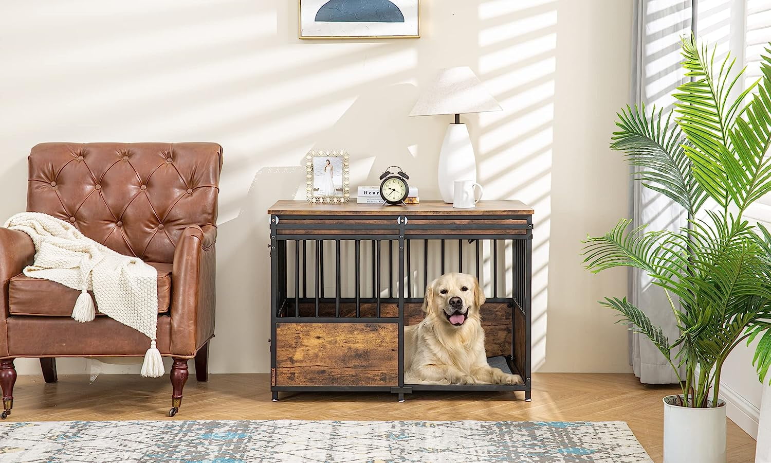 Reliancer 40'' Dog Crate Furniture, Wooden Heavy Duty Dog Kennel, Dogs Cage for Large Medium Dog