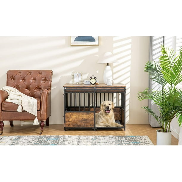 Reliancer 40 inch Dog Crate Furniture with Cushion for Large Medium Dogs Wooden Dog Kennel Pet House Dog Cage for Home