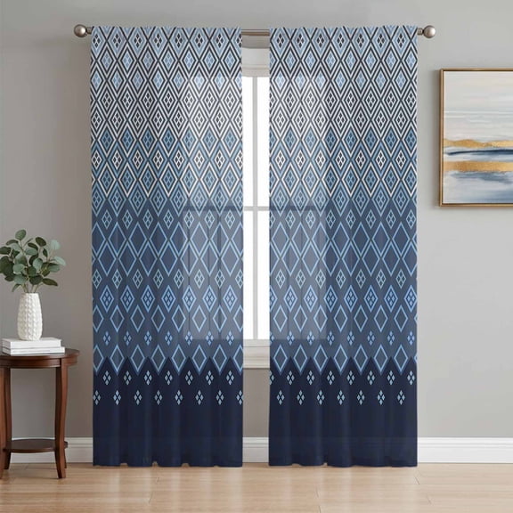 Blue Grey Ombre Geometric Semi Sheer Window Curtains 96 Inches Long, Modern Abstract Art Rod Pocket Voile Silky Chiffon Curtain Light Filtering Drapes for Living Room, Kitchen, 52"x96", 2 Panels