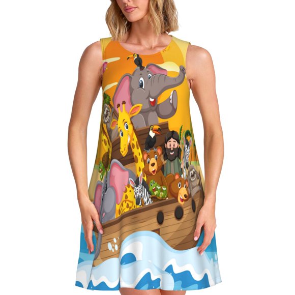 Naloa Animals on Noah's Ark1 Print Women's Summer Spring Casual Beach Sundress,Vacation Sleeveless Tank Crewneck Loose Dresses