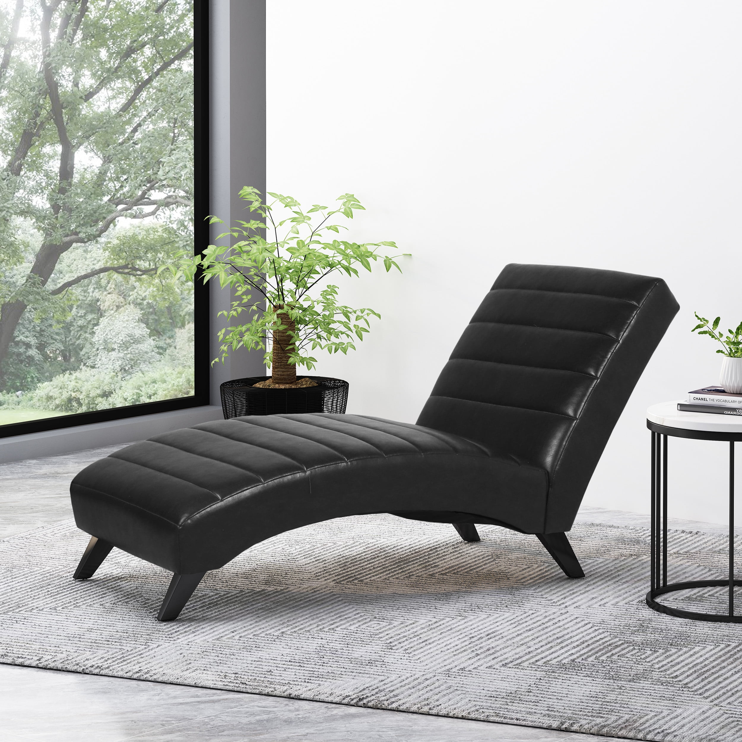 Noble House Austell Indoor Upholstered Channel Stitch Chaise Lounge, Midnight Black