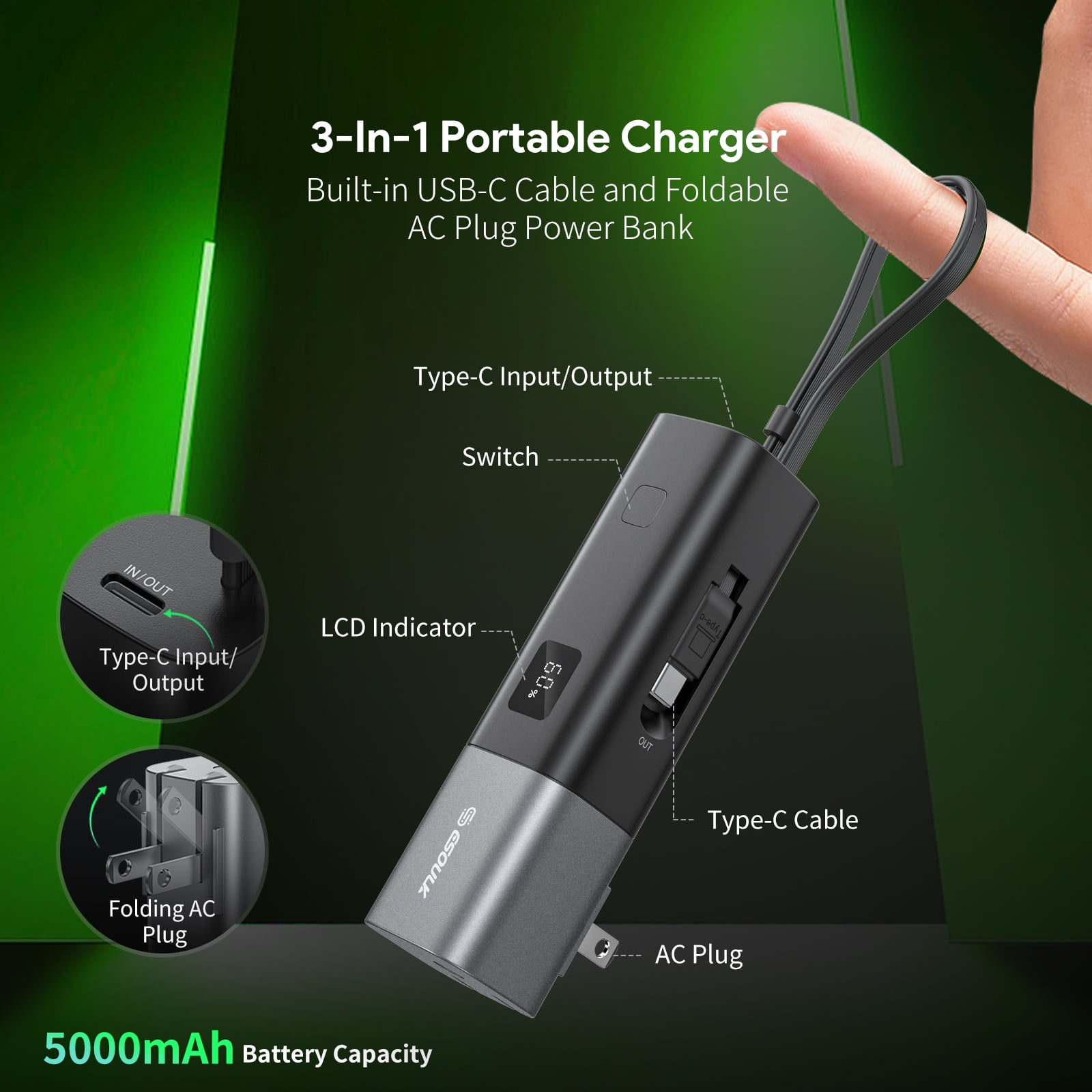 For Samsung Galaxy A16 5G 5000mAh PD 20W Built-in Foldable AC Wall Plug and USB Portable Power Bank Charger