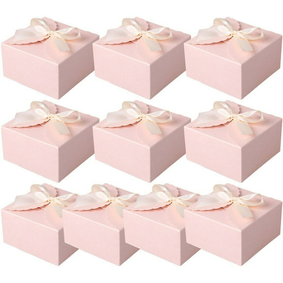 Hzzsbu 10pcs Small Pink Kraft Gift Boxes with Ribbon Wedding Favour Paper Candy Kraft Boxes Anniversary Birthday Party Bridal Baby Shower