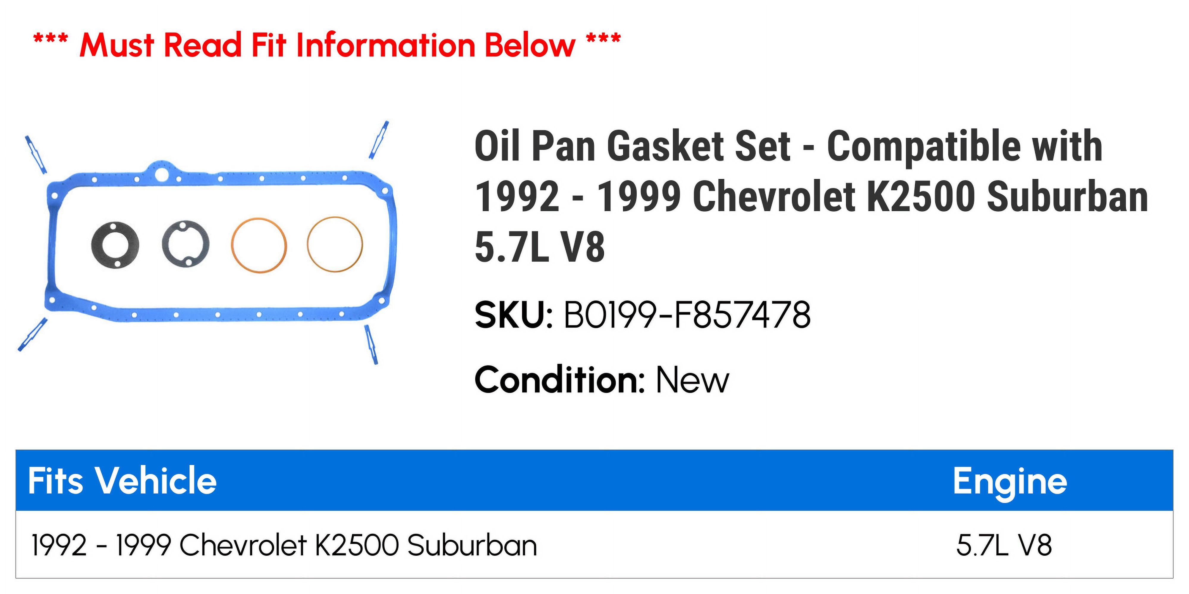 Oil Pan Gasket Set - Compatible with 1992 - 1999 Chevy K2500 Suburban 5.7L V8 1993 1994 1995 1996 1997 1998