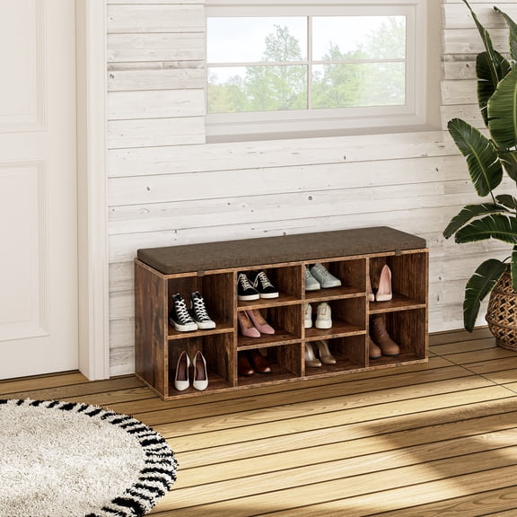 Mvvte Shoe Bench with Removable Fabric Pad, Storage Bench with Padded Seat, Entryway Bench with 10 Cubbies, for Bedroom, Mudroom, Hallway & Closet (Wood, 41"D x 11.2"W x 16.75"H)