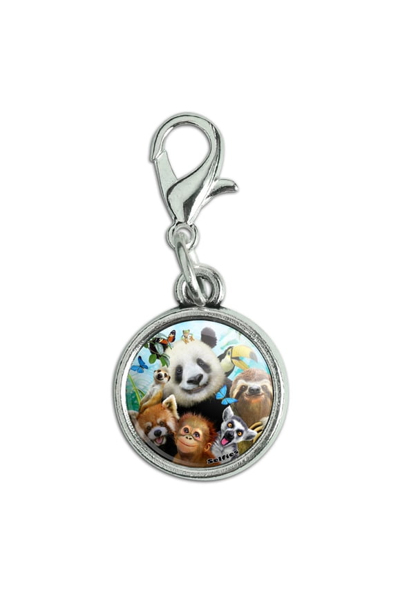 Zoo Animals Selfie Panda Bear Sloth Meercat Monkey Lemur Antiqued Bracelet Pendant Zipper Pull Charm with Lobster Clasp