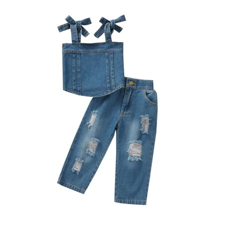 

Odeerbi Baby Boy Girl Clothes Toddler Outfit Fashion Cute Solid Color Frenulum Vest Top Ripped Jeans Pants Suit Blue