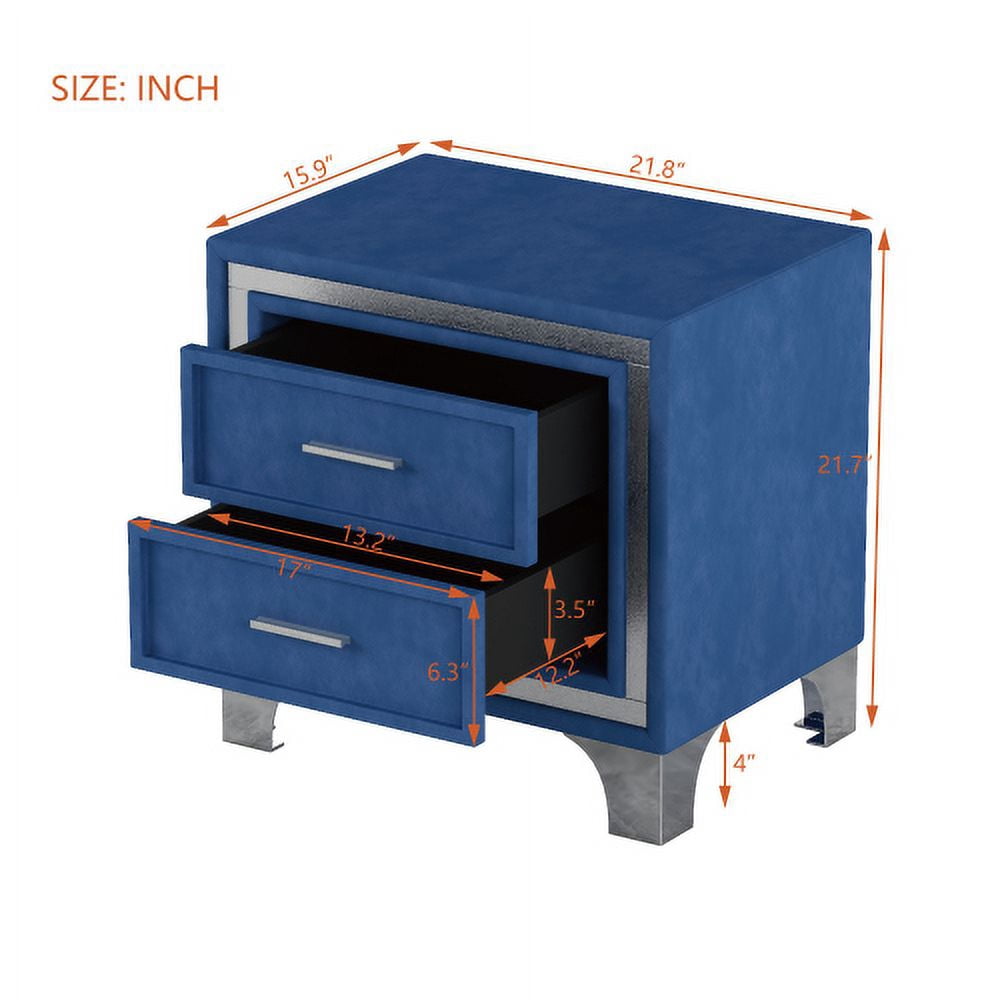 Nightstand with 2-Drawer, Mid-Century Bedside Table with Metal Legs, Velvet Bedside Table for Living Room, Bedroom, Blue