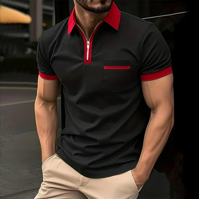 DPTALR Men's Striped Zip-Up Lapel Short-Sleeved Top Sports Lapel Top Shirt