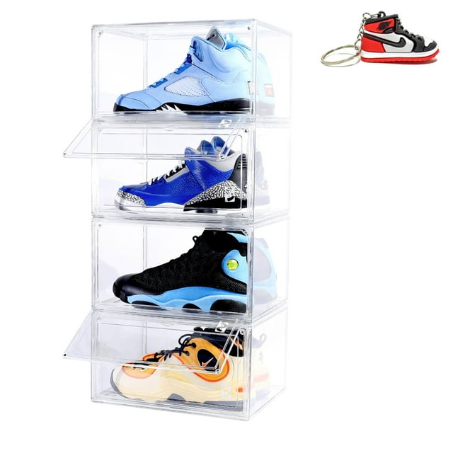 Playoff Box Set de 4 Cajas Para Zapatos Sneakers 100% Transparentes Apilables Apertura Lateral Magnética Resistente Durable | Organizador de Zapatos | Cajas para Tenis | Transparente