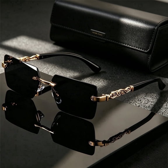 Unisex Rimless Black Gold Sunglasses with Case, Fashion Gift Eyewear
