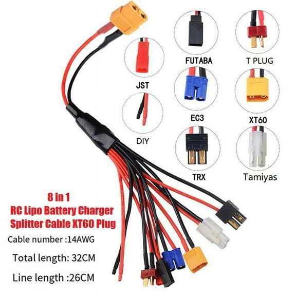 Eight in One RC Lipo Battery Charger Splitter Cable Adapter Connector  Plug to JST T Plug  EC3 Futabas Tamiyas