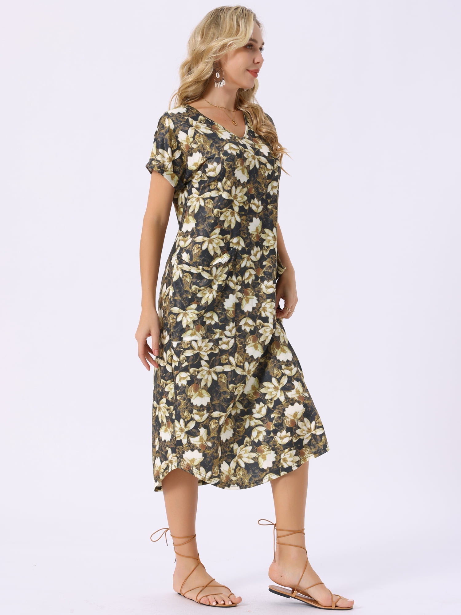DARING DIVA Loose Summer V Neck Short Sleeve Floral Midi Dress L Yellow