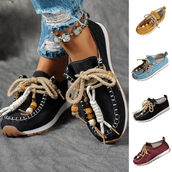 Miluxas Women's Loafers Shoes, Bohemian Style Knot Bead Lace up Loafer Non-Slip Thick Sole Comfort Low Top Wedge Shoes Yellow 9.5(43)