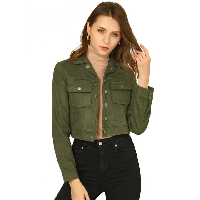 INSPIRE CHIC Women's Turn Down Collar Faux Suede Cropped Moto Jacket