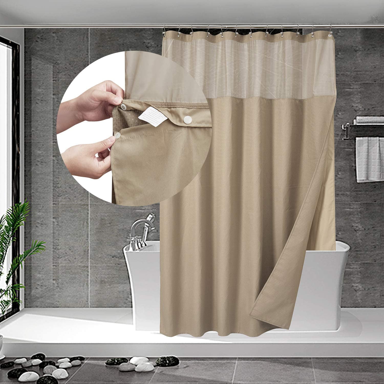 NEW Hookless Shower Curtain w/ Snap-In Liner Brown with Cream & Mesh Panel 