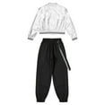thumbnail image 4 of YONGHS Kids Girls Boys Shiny Hip Hop Jazz Street Dance Outfits Baseball Jacket and Cargo Pants Set Silver&Black 14, 4 of 7