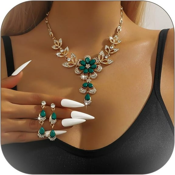 Wedding Jewelry Sets for Brides Rhinestone Necklace and Earring Set Bracelet Ring Gold Silver Prom Jewelry Sets Diamond Flower Teardrop Necklace for Women