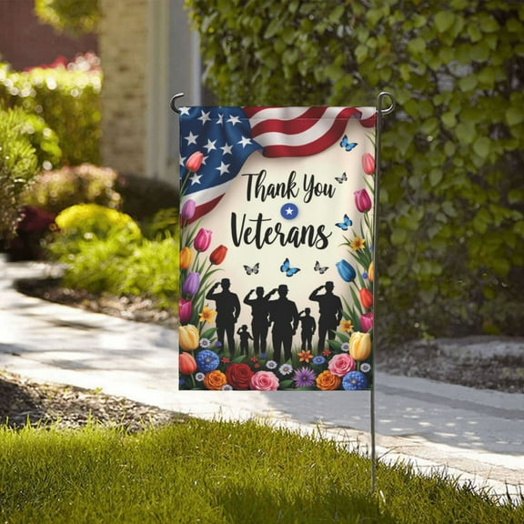 Thank You Veterans Garden Flag 12x18 Inch DoubleSided Patriotic Floral Garden Flag With American Flag & Silhouettes Memorial Day Veterans Day Decorations For Outdoor Yard Lawn House Patio