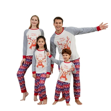 

Sunisery Christmas Pajamas for family Elk Print Raglan Long Sleeve Tops and Stretch Casual Pants Sleepwear