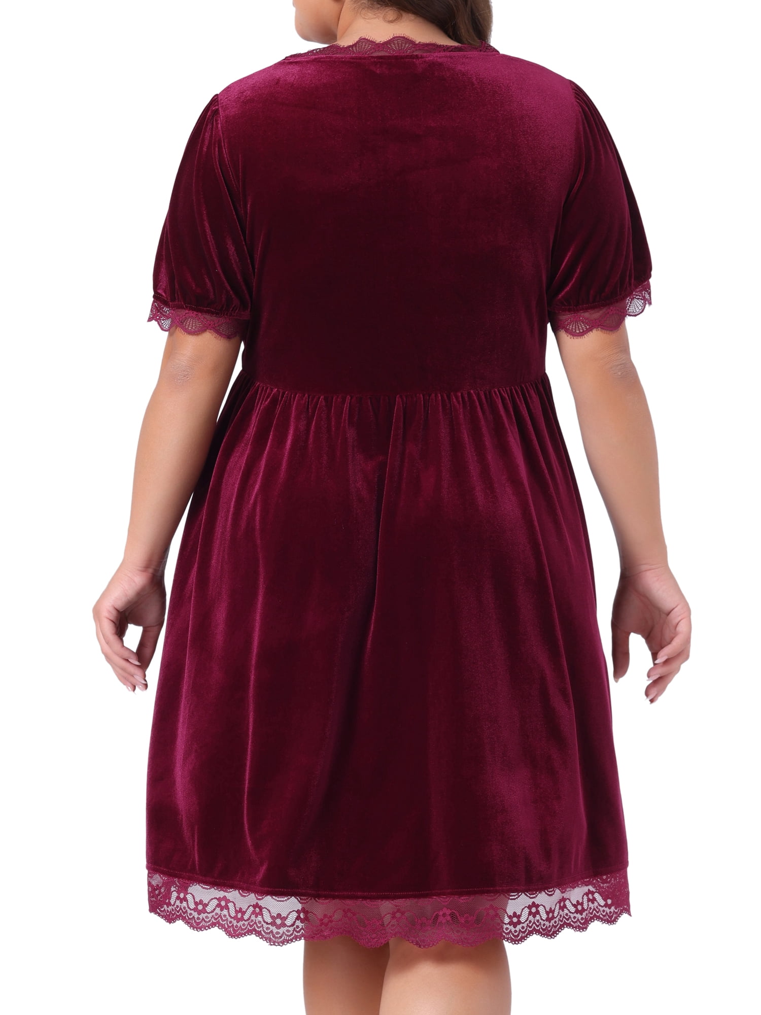 DARING DIVA Plus Size Velvet Lace Trim Short Sleeve Party Dress 3X Burgundy