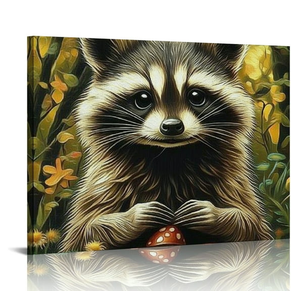 ZFLMY Raccoon Mushrooms Canvas Print Wall Art Decor for Home Living Room Bedroom Kitchen Bathroom Office Salon, Ready To Hang 16x12in