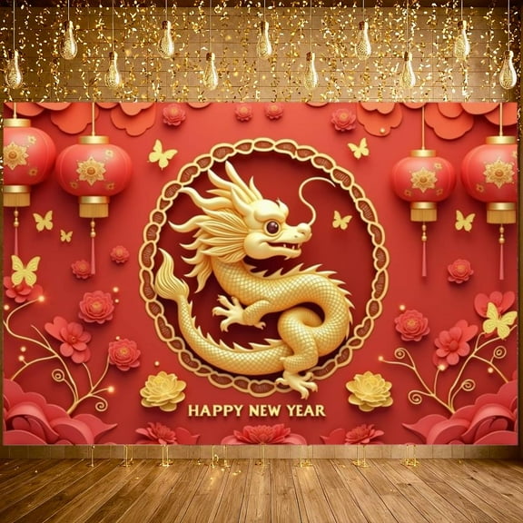 Red Background Chinese New Year Banner Gold Dragon Design Dragon Banner Traditional Chinese Festive Spring Festival Banner for New Year Party Spring Festival Celebration Home Decoration