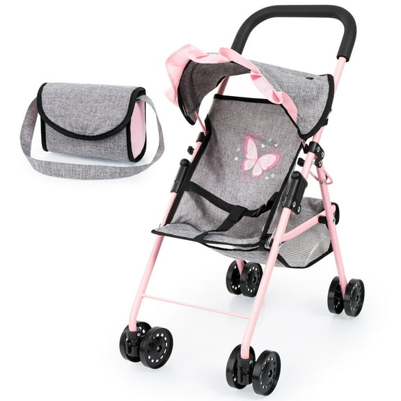 Bayer Design: Doll Buggy - Grey-Soft Pink-Butterfly - Handbag, Folding Play Stroller For Dolls Up To 16", Sunshade, Swivel Wheels, Seat Belt, Kids 3 