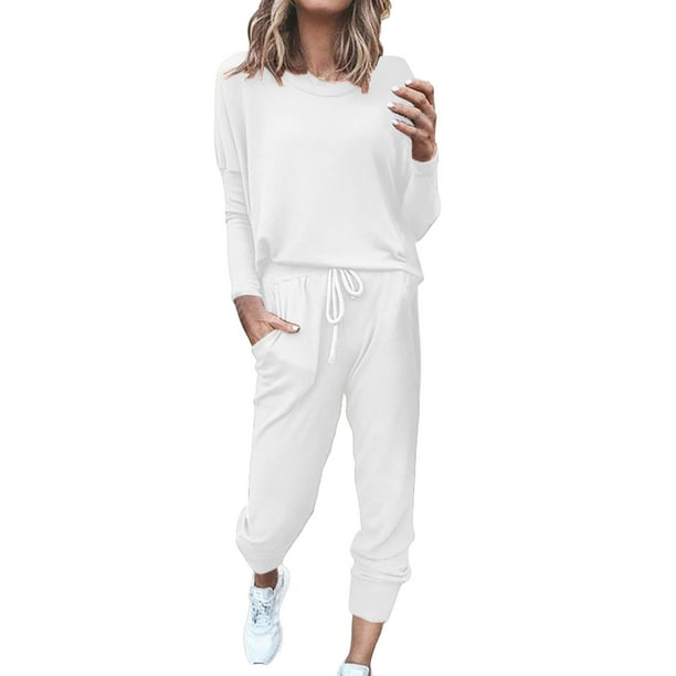 Conjunto de jogging de 2 piezas para mujer: camiseta de manga larga y pantalones de chándal con cordón. Conjunto informal de poliéster para todas las estaciones.