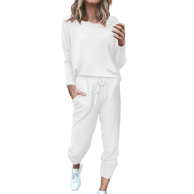 GDREDA Ensembles de Détente pour Femmes Ensemble 2 Pcs Pantalon Long Léger Manches Longues Col Rond Pull Hauts Pantalon Long Survêtement (Blanc,S)