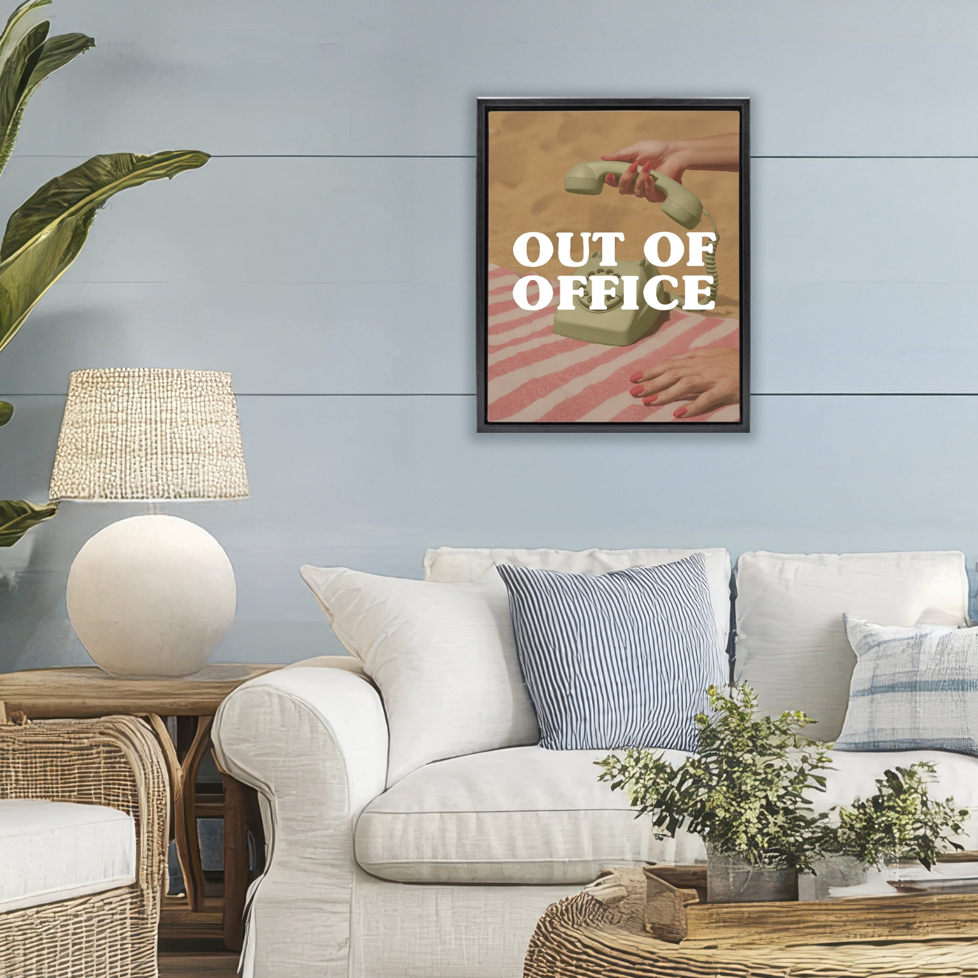 Out of Office Green Phone Black Framed Floater Canvas Wall Art, design by Lil' Rue