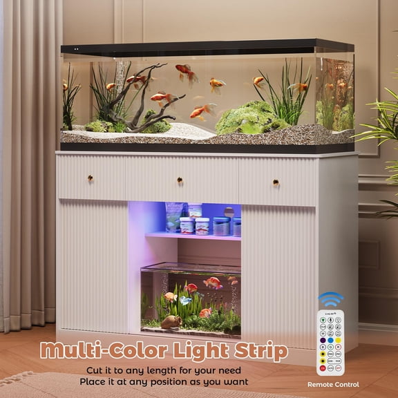 Gaderth 55-75 Gallon Fish Tank Stand, Aquarium Stand with Power Outlet, Fish Tank Stand with Storage Cabinets, Drawers, LED Light, Sliding Barn Door Fish & Reptile Tanks Stand