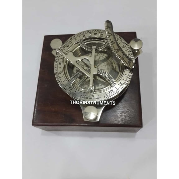 4" Sundial Compass - Nickle Inspired Design - With Wooden Box Included - 5 Inch