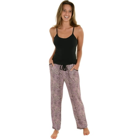 Microfiber Cami Set - Womens Pajama Set Black Cami Shelf Bra Animal Print PJ Pants pockets
