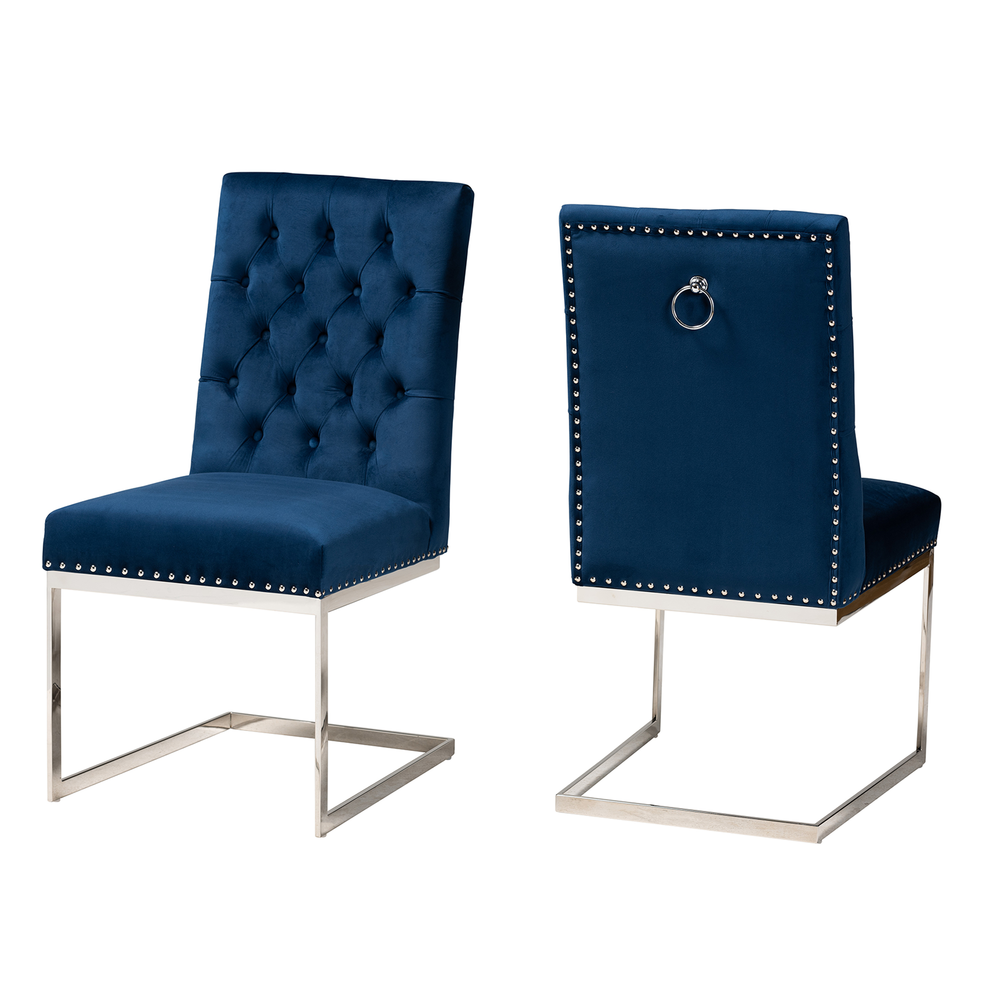 Baxton Studio Sherine Contemporary Glam and Luxe Navy Blue Velvet Fabric and Silver Metal 2-Piece Dining Chair Set