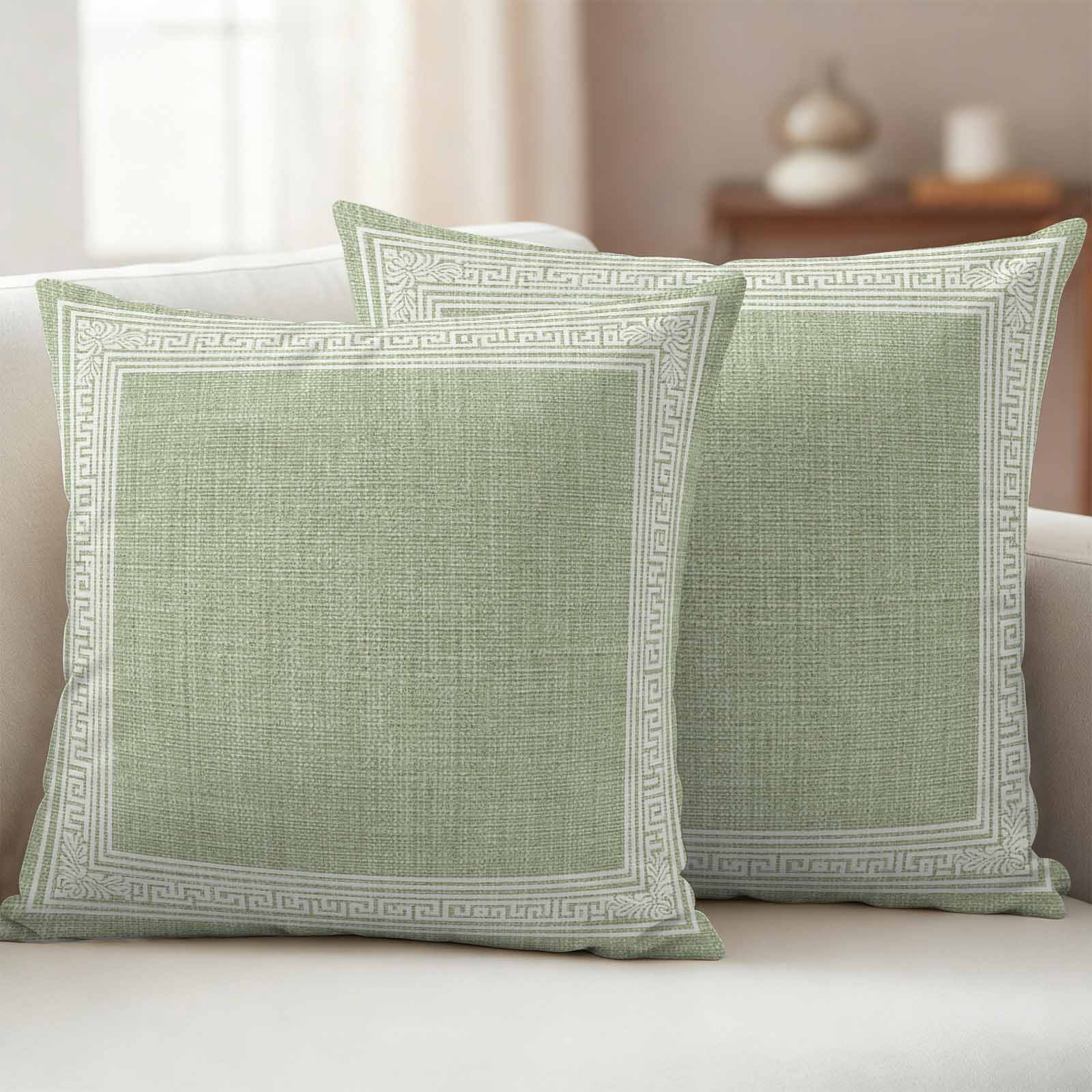 Waterproof Throw Pillow Covers 16x16 Set of 2, Sage Green Linen Burlap Key Outdoor Pillowcases Invisible Zipper, Abstract Greek Inspired Texture Decorative Cushion Covers for Patio Garden Sofa Couch