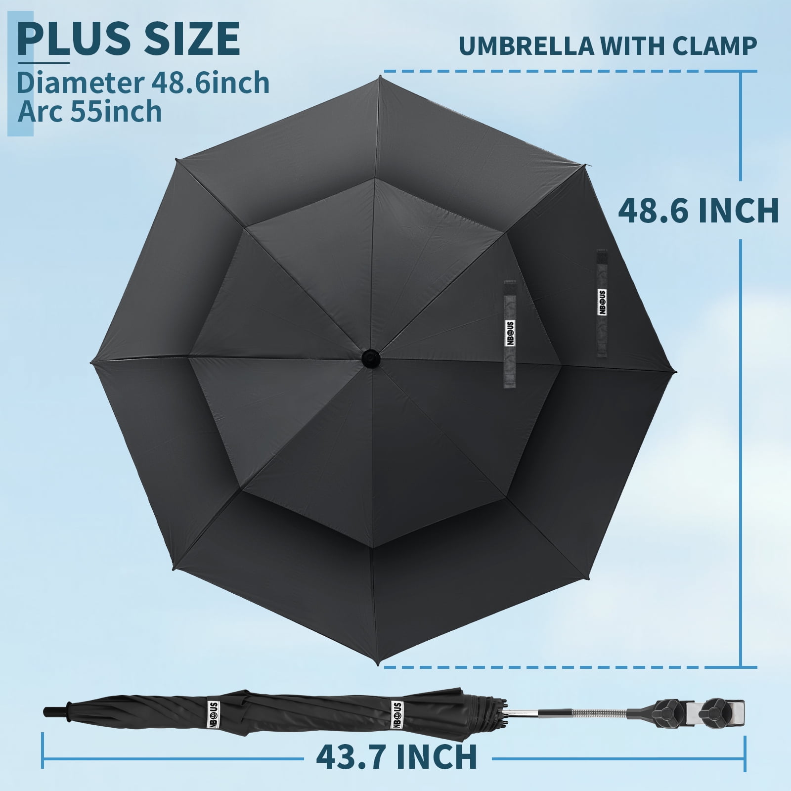 2 Pack 48.6" Double Canopy Umbrella with Clamp, UPF50+ Beach Chair Umbrella with clip, 360°Adjustable Portable Outdoor Wheelchair, Patio, Golf Carts,Camping(Black, Not Include Chair)