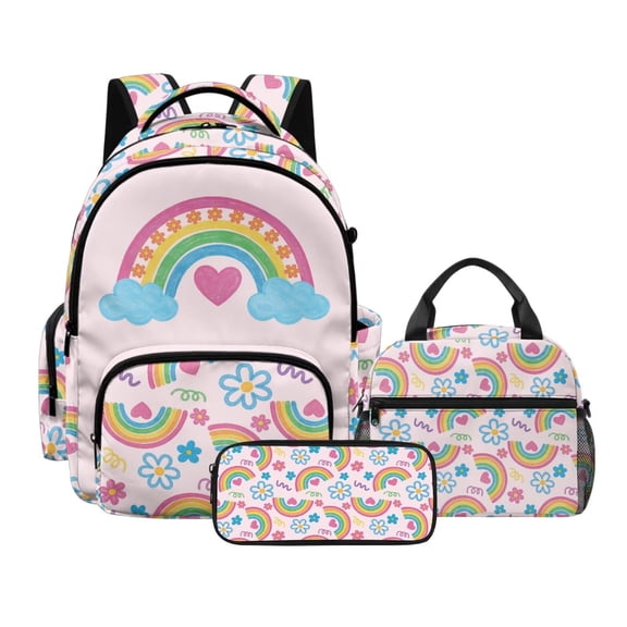 Tutolipy Rainbow Floral Printed Backpack Set with Lunch Bag for Boys Girls Teens School Backpack Set with Matching Lunch Box Pencil Case 17 Inch Daypack Kids Knapsack for Toddler, Pink