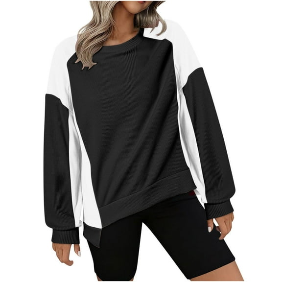 Color Block Sweatshirts for Women Oversized Loose Long Sleeve Waffle Knit Top High Low Hem Crewneck Pullover (XL, Black)