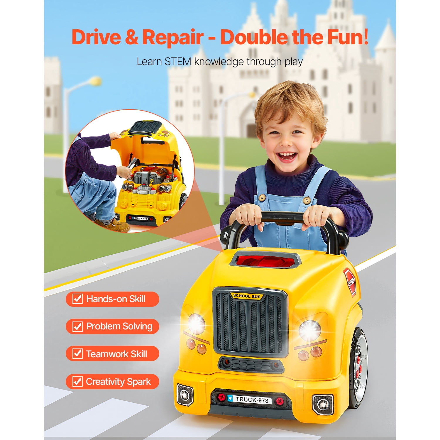 KFFKFF Engine Toy for Kids, 60-Piece Car Repair Playset with Detachable Components, Light and Sound Effects, Steering Wheel and Horn, Workshop Kit for Children Aged 3 and Older, Yellow