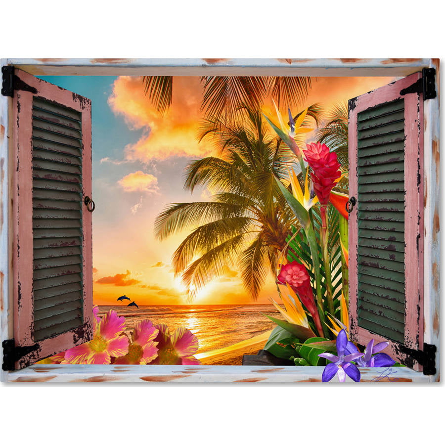 Tropical paradise Hammock by the ocean stained glass panel with custom wooden frame Handcrafted home decor
