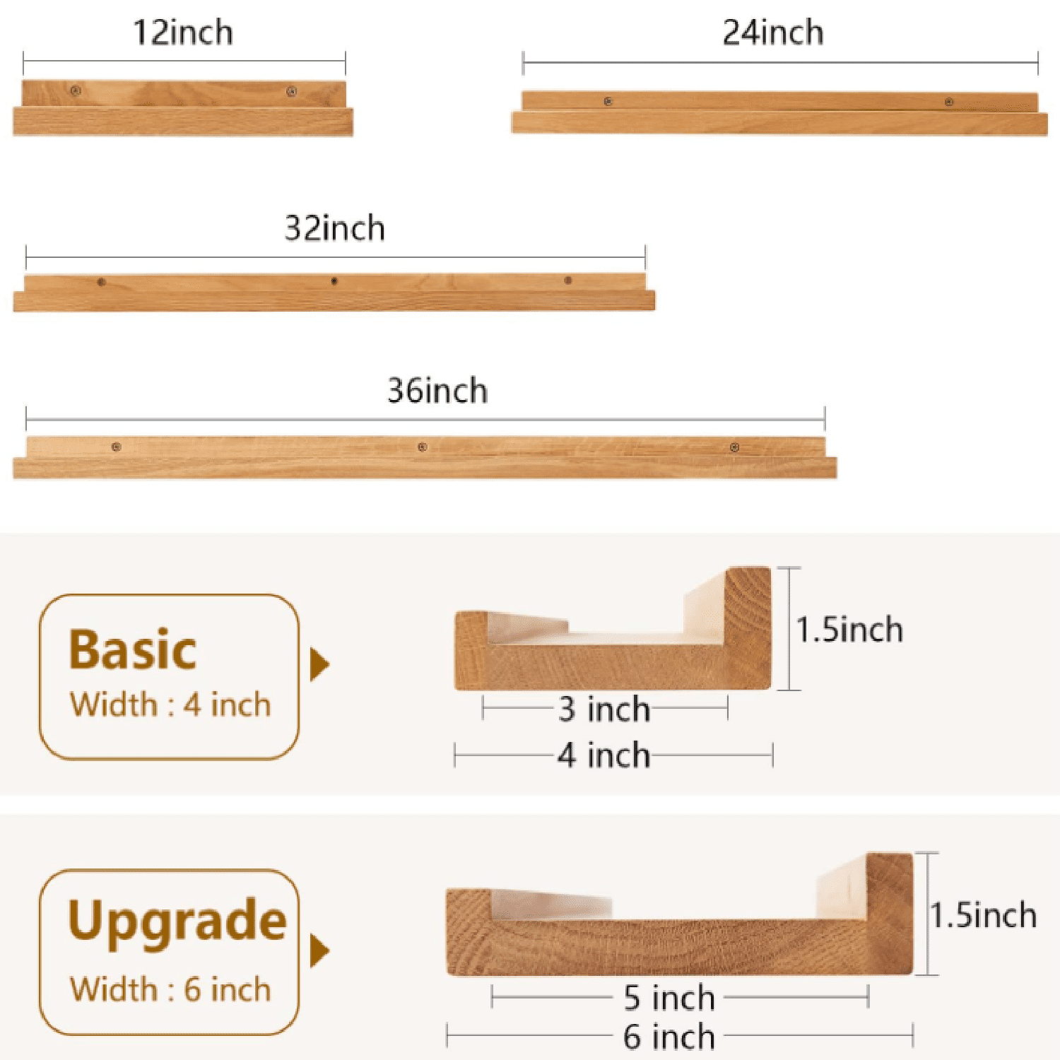 Floating Shelf, Natural Oak Wood, 36 Inch, Wall Storage, Display Picture Ledge, for Bedroom, Living Room, Bathroom, Office, Kitchen